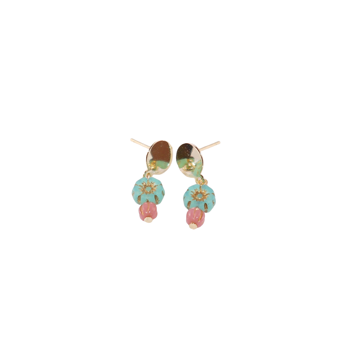 Mini Bead Stud Earrings – Mint Green with Pink Beads