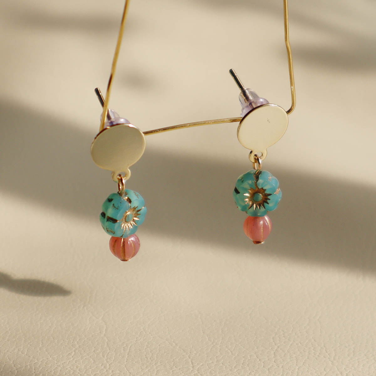 Mini Bead Stud Earrings – Mint Green with Pink Beads
