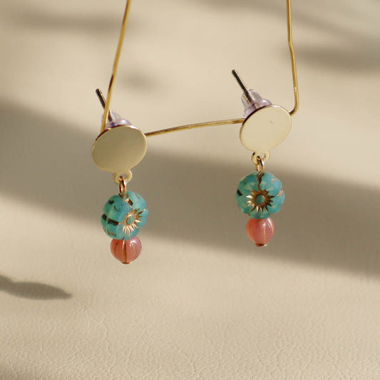 Mini Bead Stud Earrings – Mint Green with Pink Beads