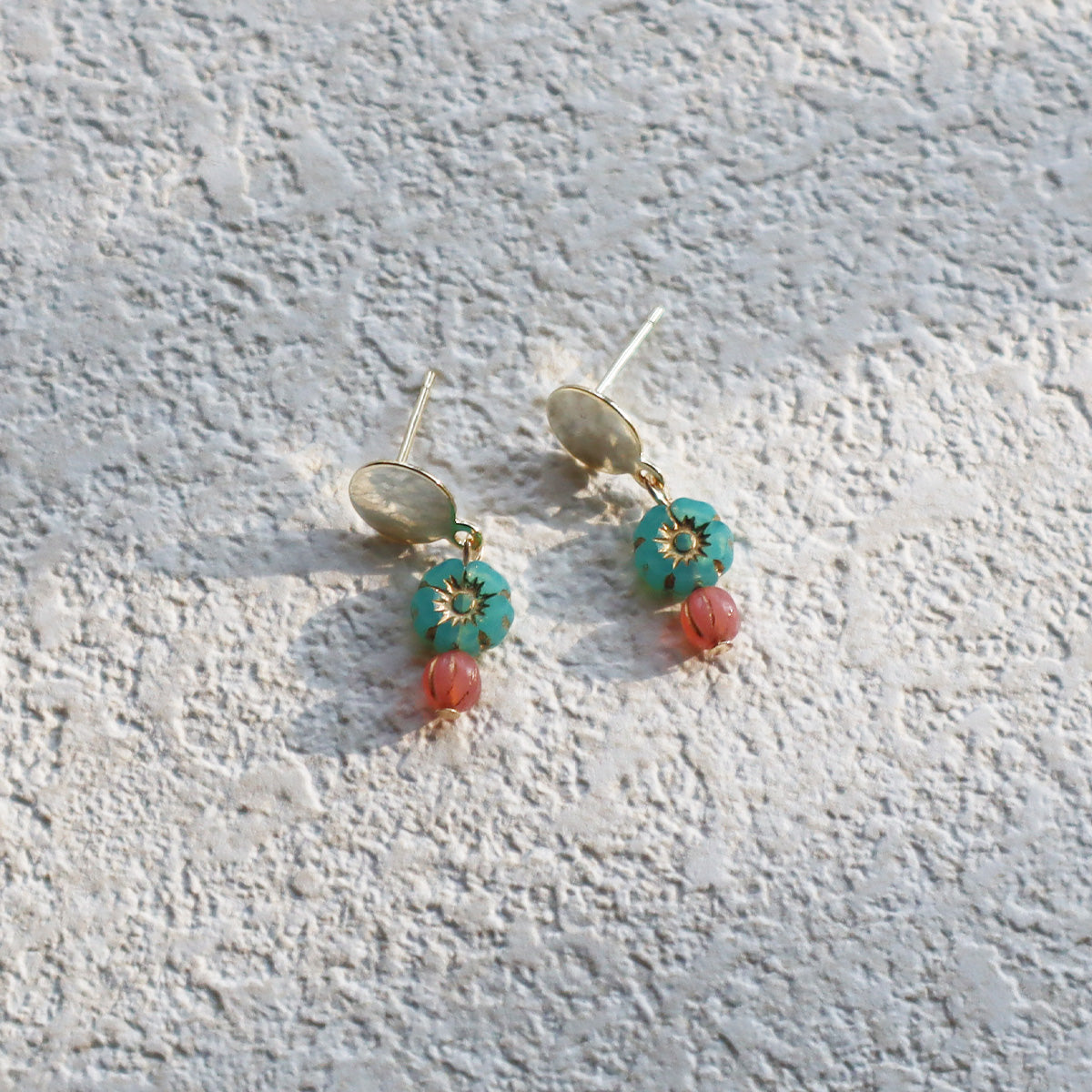 Mini Bead Stud Earrings – Mint Green with Pink Beads