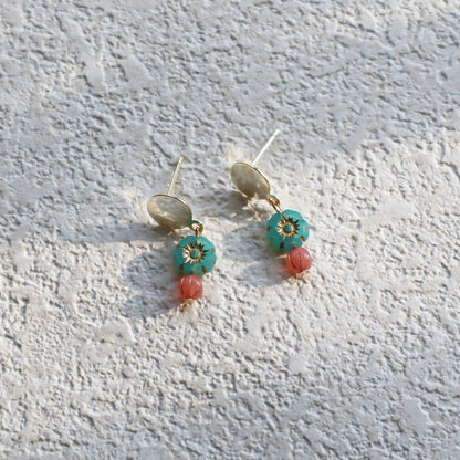 Mini Bead Stud Earrings – Mint Green with Pink Beads