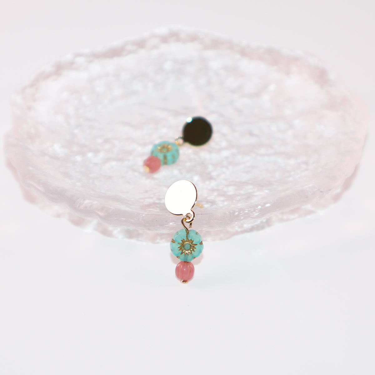Mini Bead Stud Earrings – Mint Green with Pink Beads