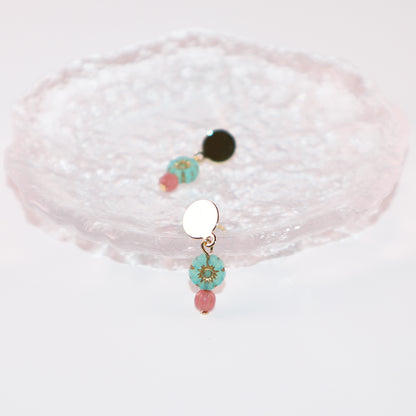 Mini Bead Stud Earrings – Mint Green with Pink Beads