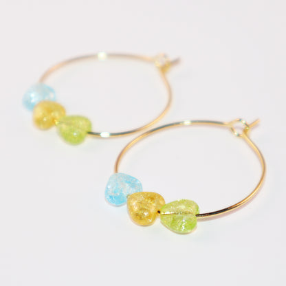 Multicolor Heart Hoop Earrings – Blue, Yellow, Green Beads