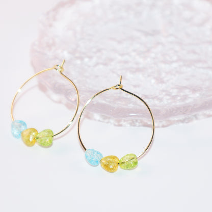 Multicolor Heart Hoop Earrings – Blue, Yellow, Green Beads