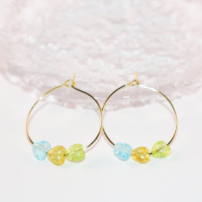 Multicolor Heart Hoop Earrings – Blue, Yellow, Green Beads