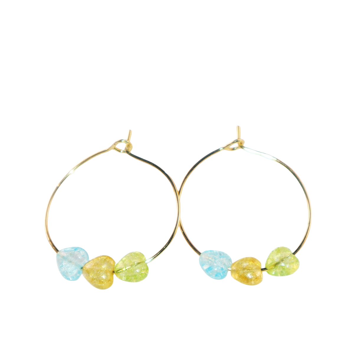 Multicolor Heart Hoop Earrings – Blue, Yellow, Green Beads
