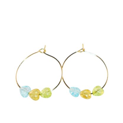 Multicolor Heart Hoop Earrings – Blue, Yellow, Green Beads