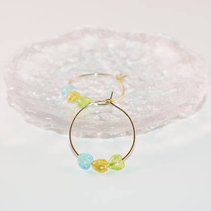 Multicolor Heart Hoop Earrings – Blue, Yellow, Green Beads
