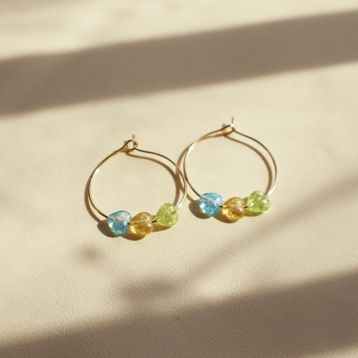 Multicolor Heart Hoop Earrings – Blue, Yellow, Green Beads