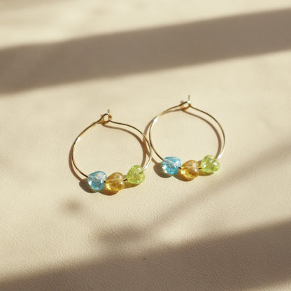 Multicolor Heart Hoop Earrings – Blue, Yellow, Green Beads