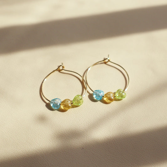 Multicolor Heart Hoop Earrings – Blue, Yellow, Green Beads