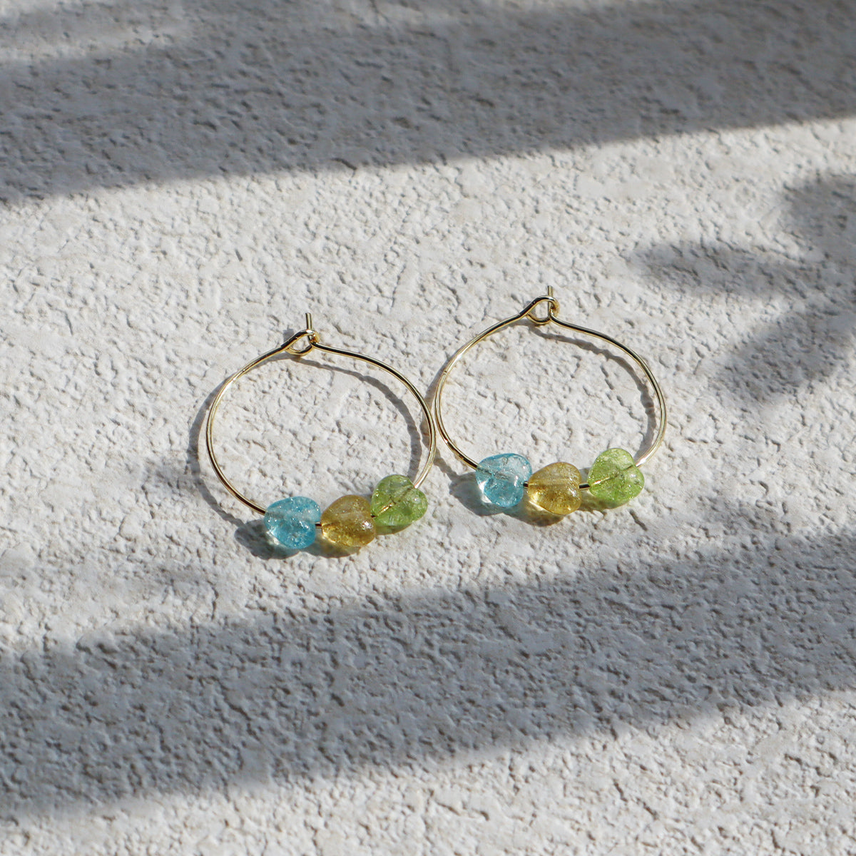 Multicolor Heart Hoop Earrings – Blue, Yellow, Green Beads