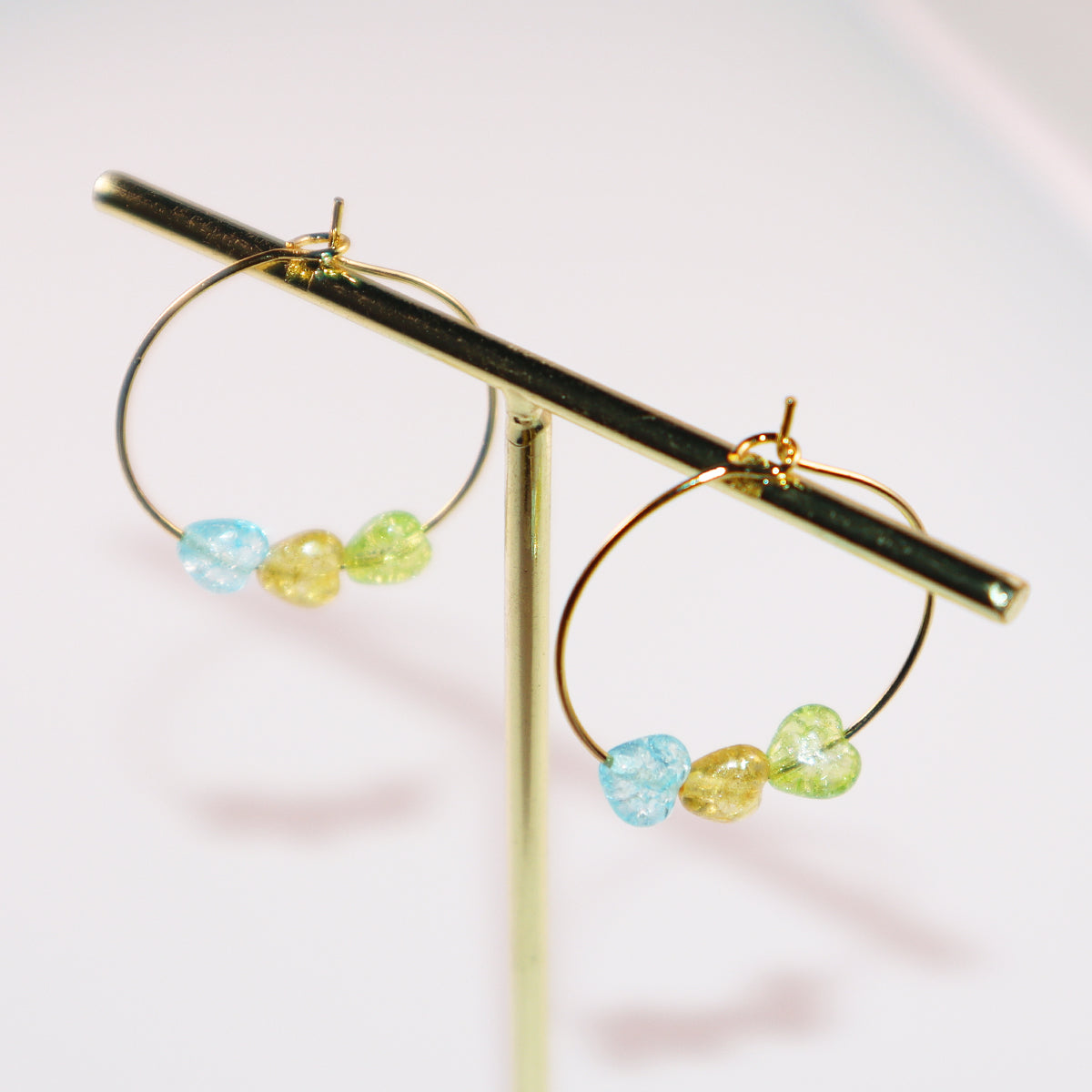 Multicolor Heart Hoop Earrings – Blue, Yellow, Green Beads