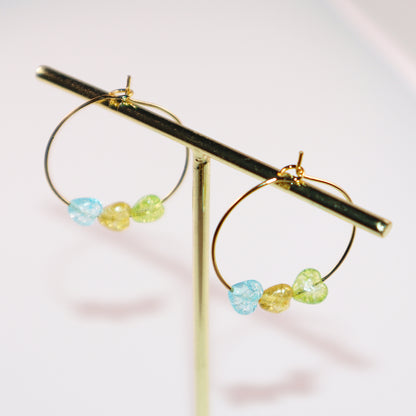 Multicolor Heart Hoop Earrings – Blue, Yellow, Green Beads