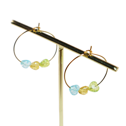 Multicolor Heart Hoop Earrings – Blue, Yellow, Green Beads