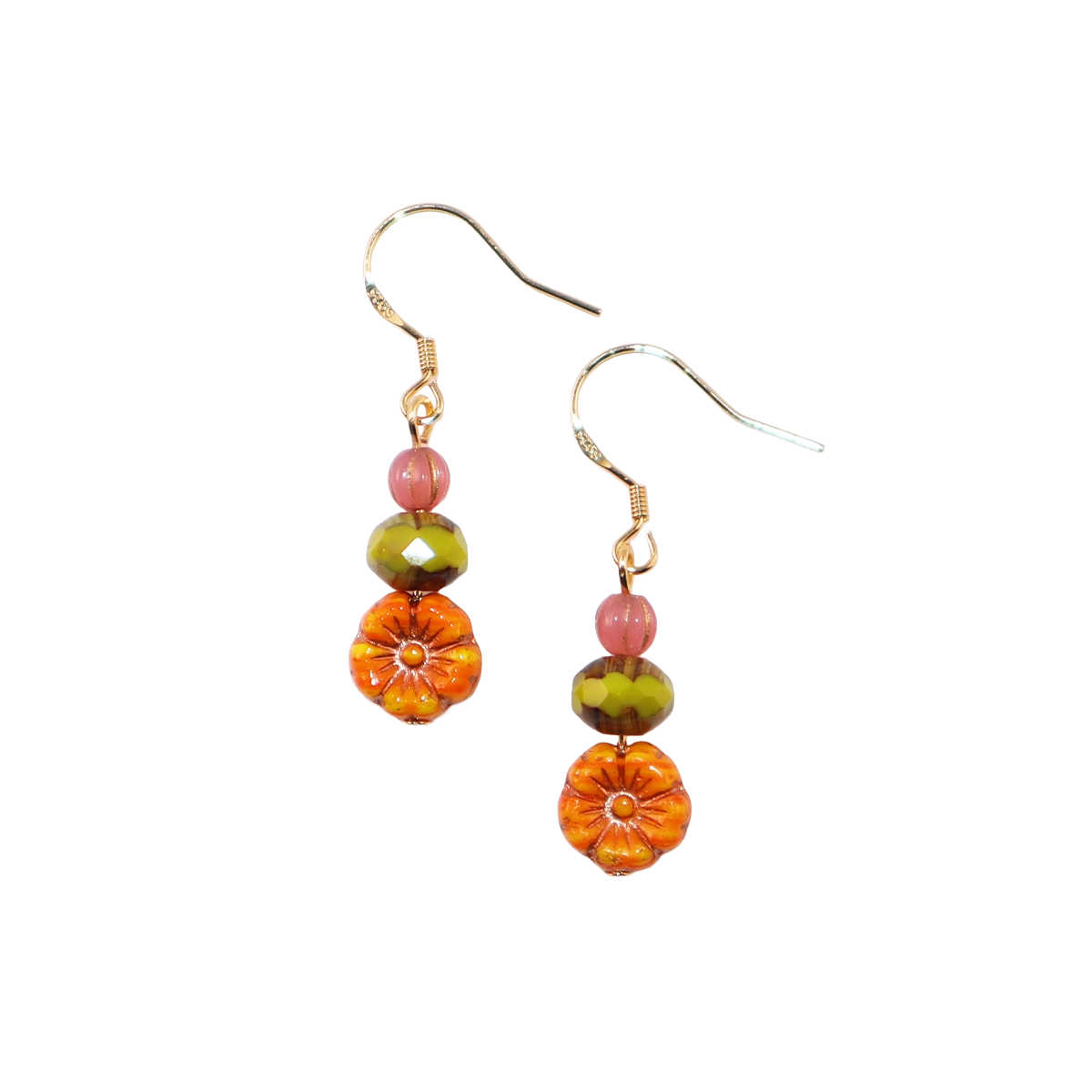 Orange Flower Beaded Earrings – Orange, Pink, Green Beads