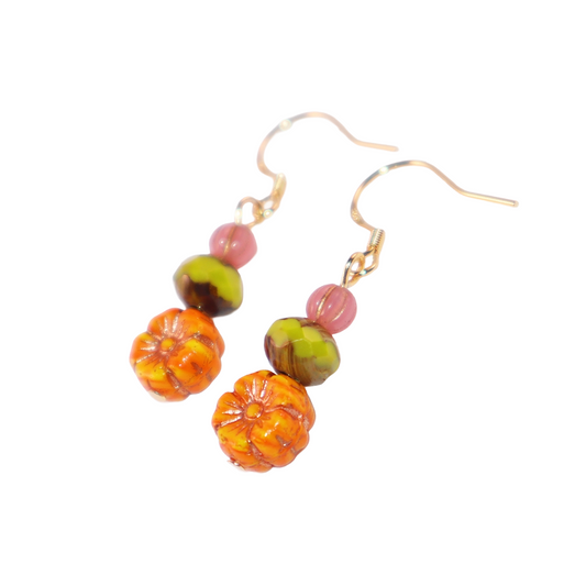 Orange Flower Beaded Earrings – Orange, Pink, Green Beads