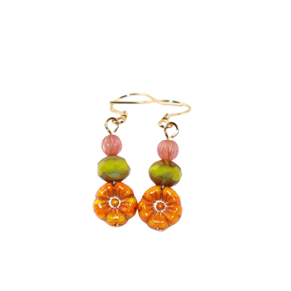 Orange Flower Beaded Earrings – Orange, Pink, Green Beads