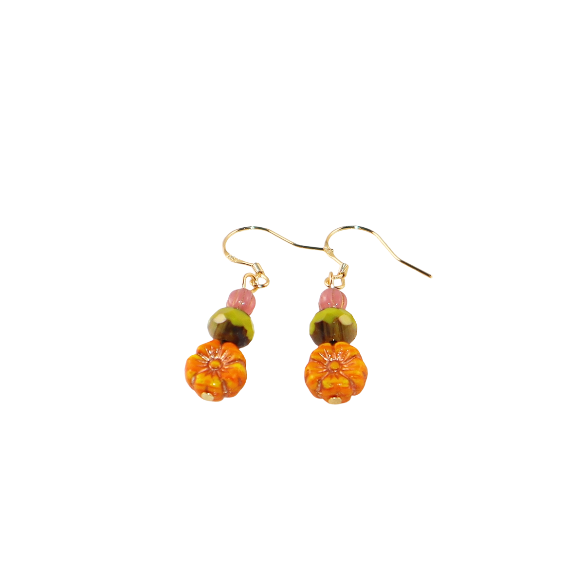 Orange Flower Beaded Earrings – Orange, Pink, Green Beads
