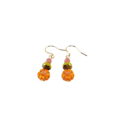 Orange Flower Beaded Earrings – Orange, Pink, Green Beads