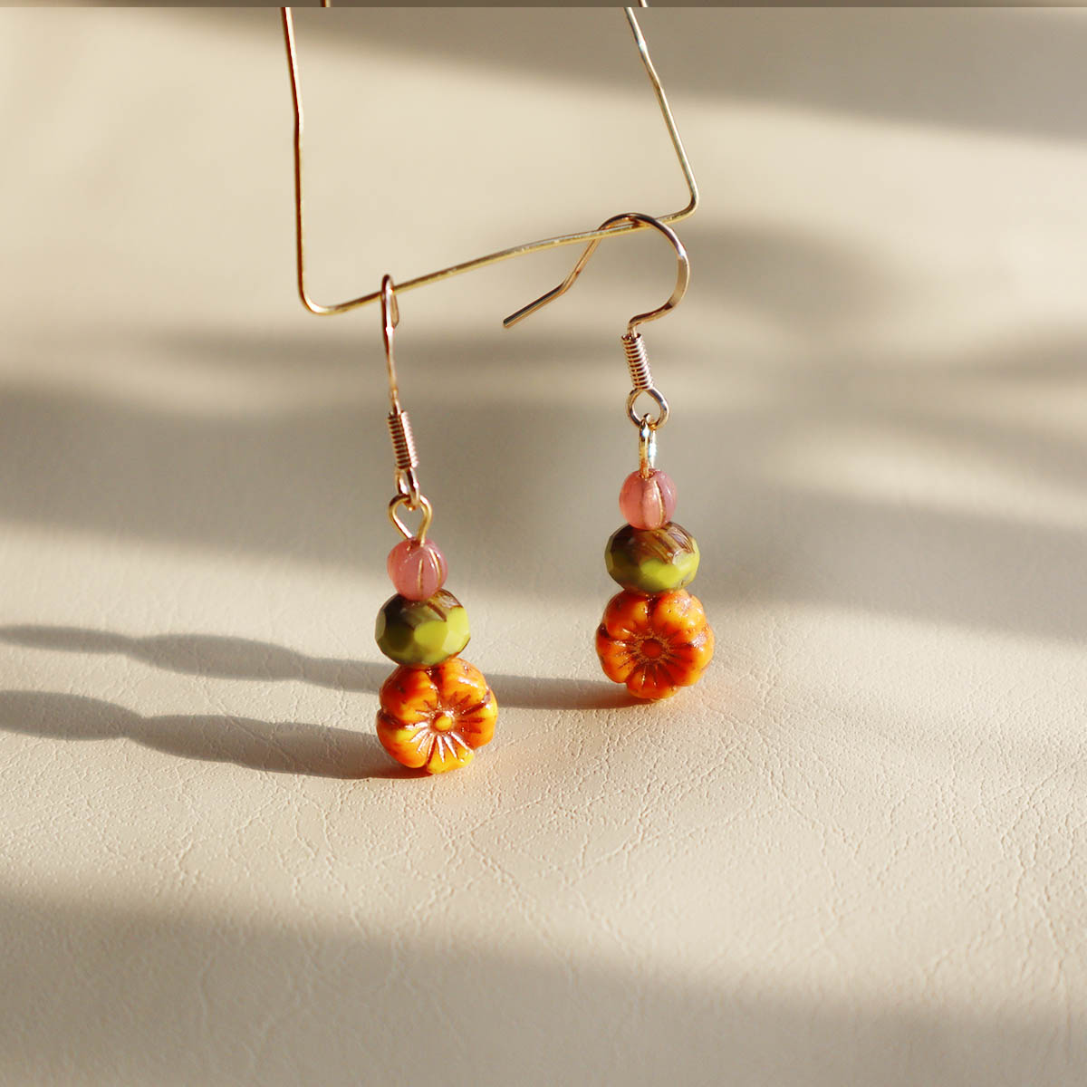 Orange Flower Beaded Earrings – Orange, Pink, Green Beads