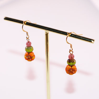 Orange Flower Beaded Earrings – Orange, Pink, Green Beads
