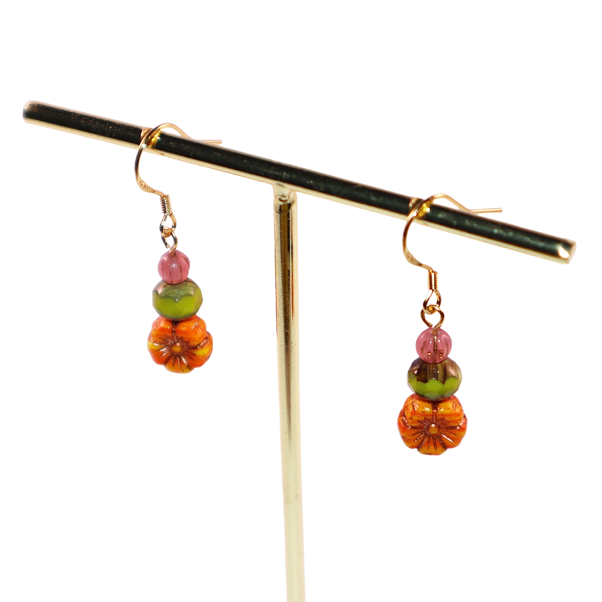 Orange Flower Beaded Earrings – Orange, Pink, Green Beads