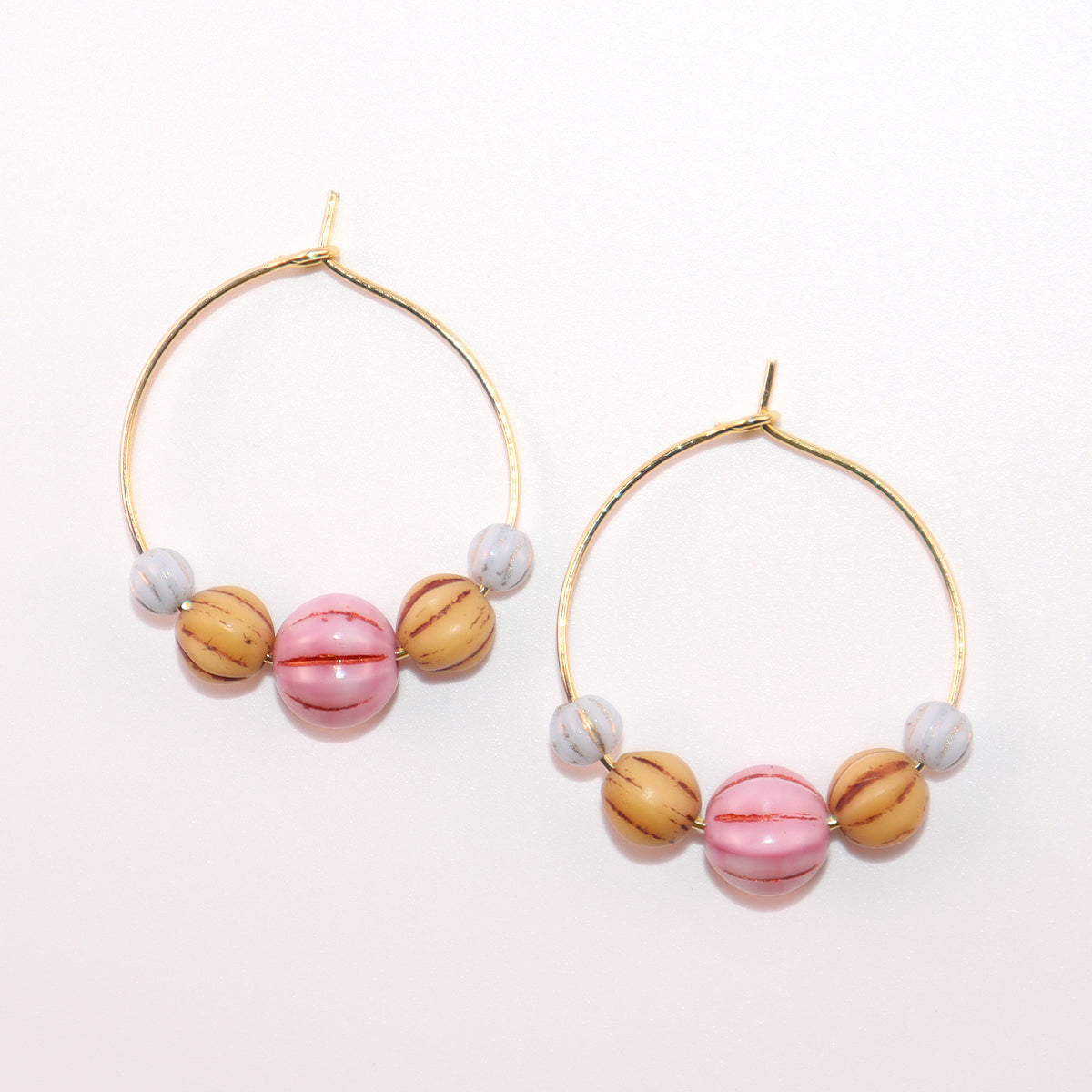 Pink Bead Hoop Earrings – Light Blue and Brown Beads