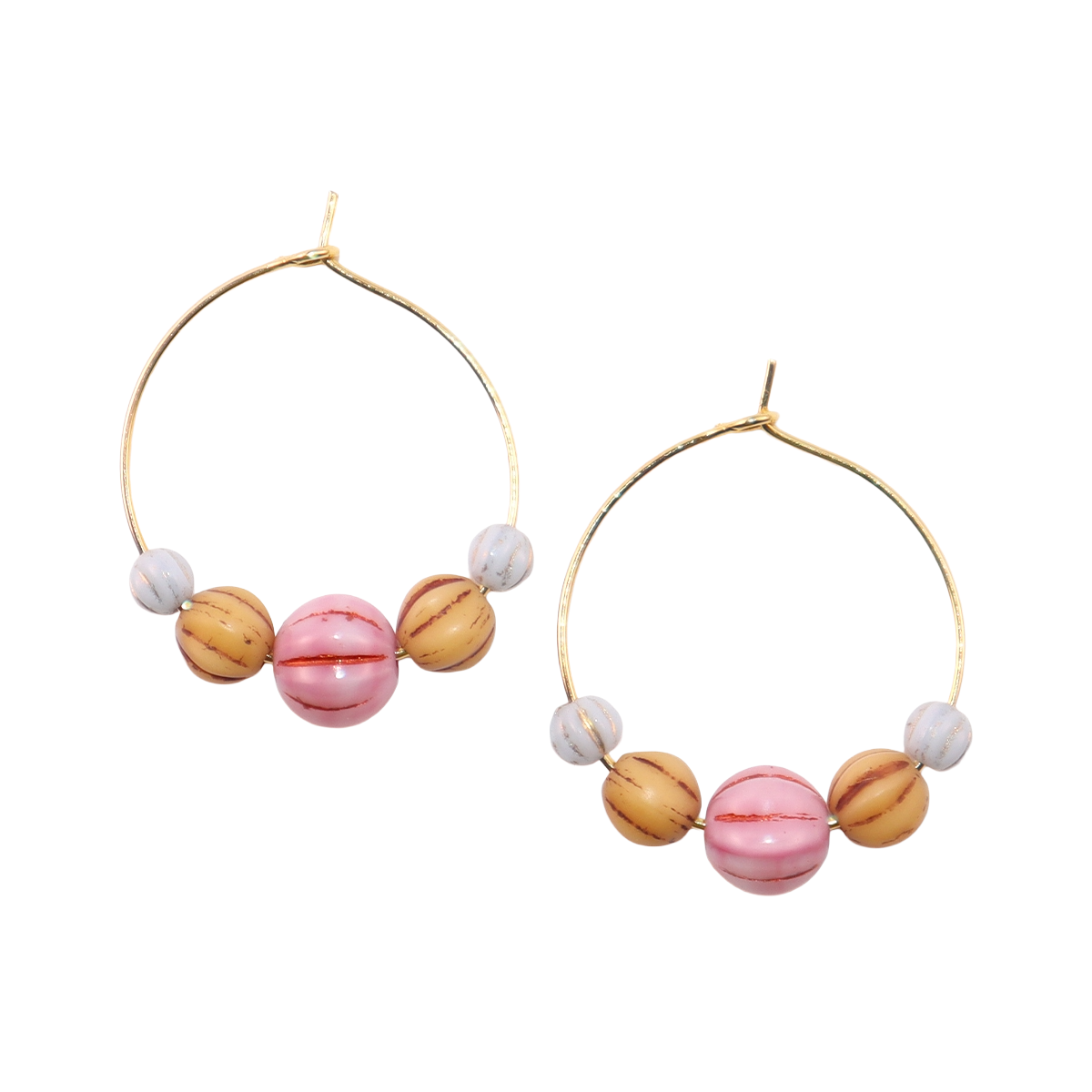 Pink Bead Hoop Earrings – Light Blue and Brown Beads