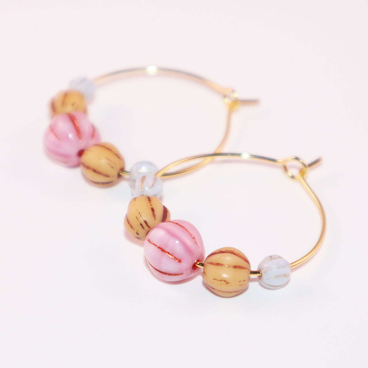 Pink Bead Hoop Earrings – Light Blue and Brown Beads
