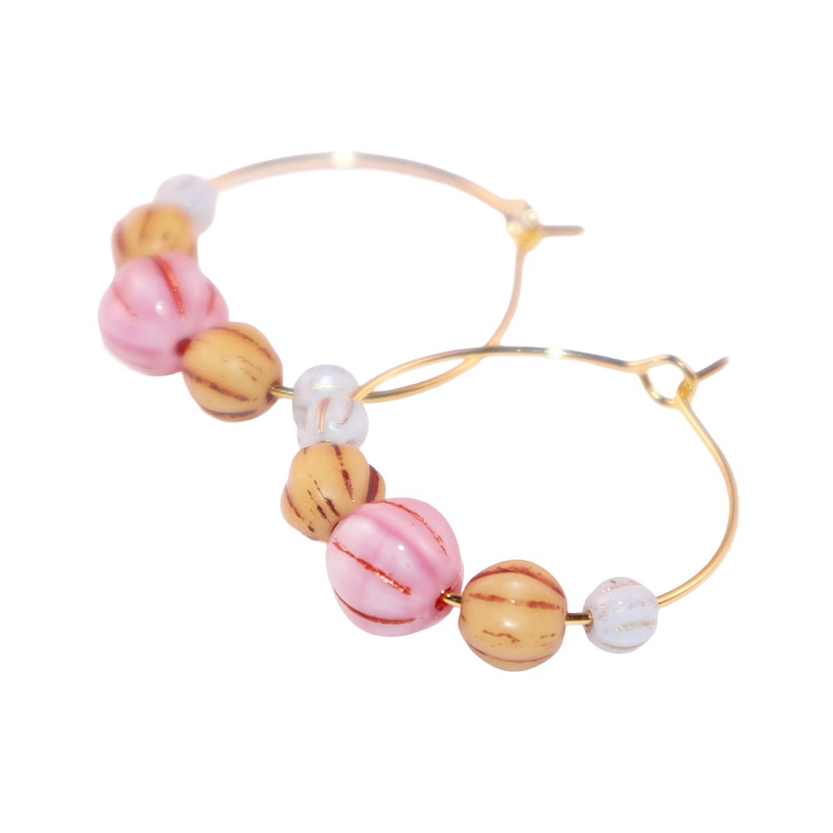 Pink Bead Hoop Earrings – Light Blue and Brown Beads