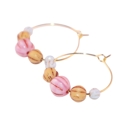 Pink Bead Hoop Earrings – Light Blue and Brown Beads