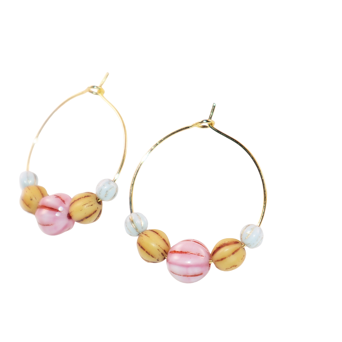 Pink Bead Hoop Earrings – Light Blue and Brown Beads
