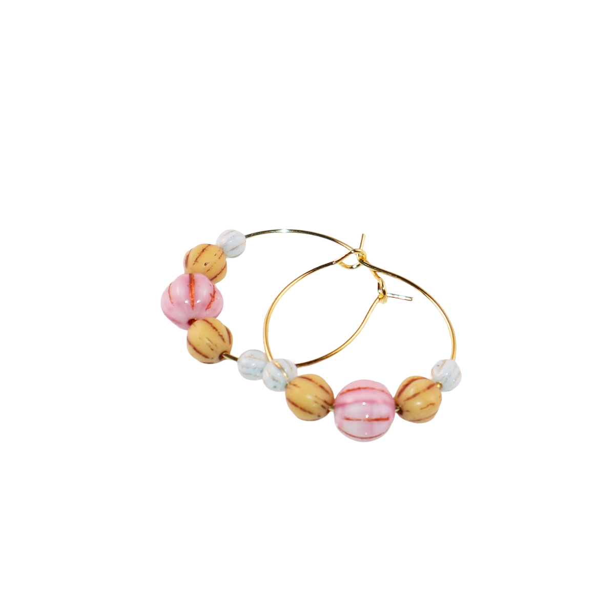 Pink Bead Hoop Earrings – Light Blue and Brown Beads