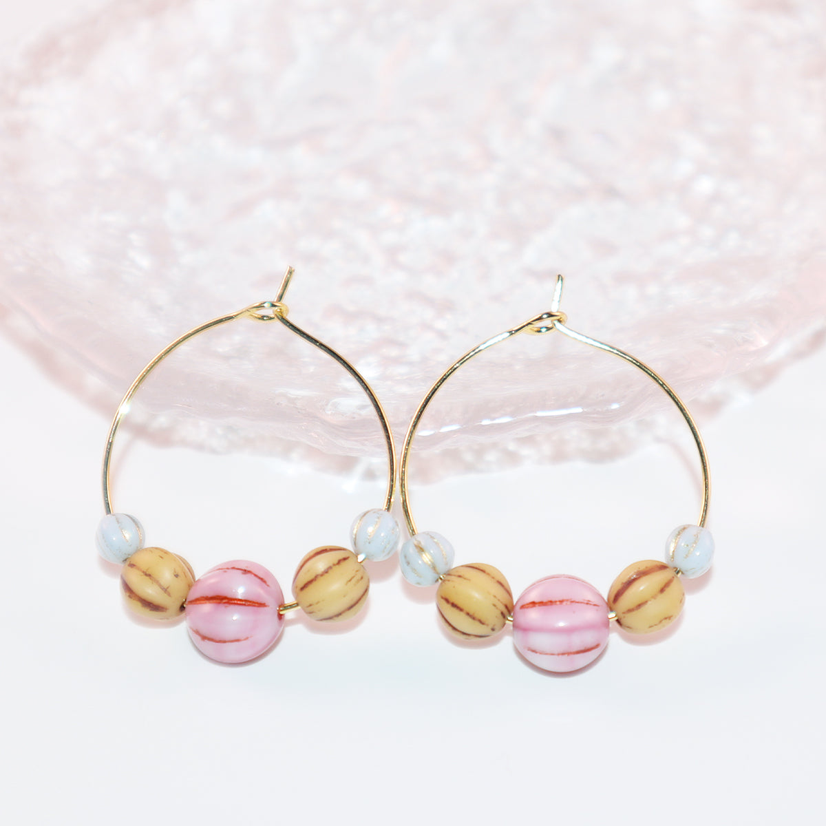 Pink Bead Hoop Earrings – Light Blue and Brown Beads