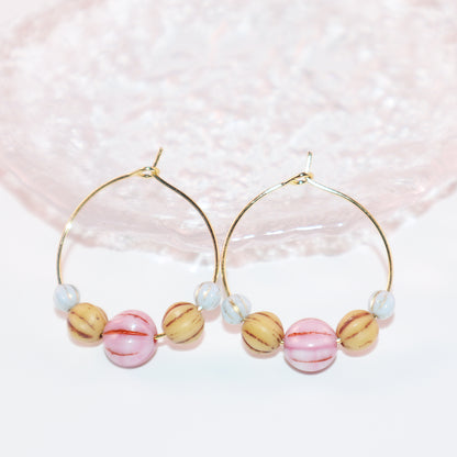 Pink Bead Hoop Earrings – Light Blue and Brown Beads