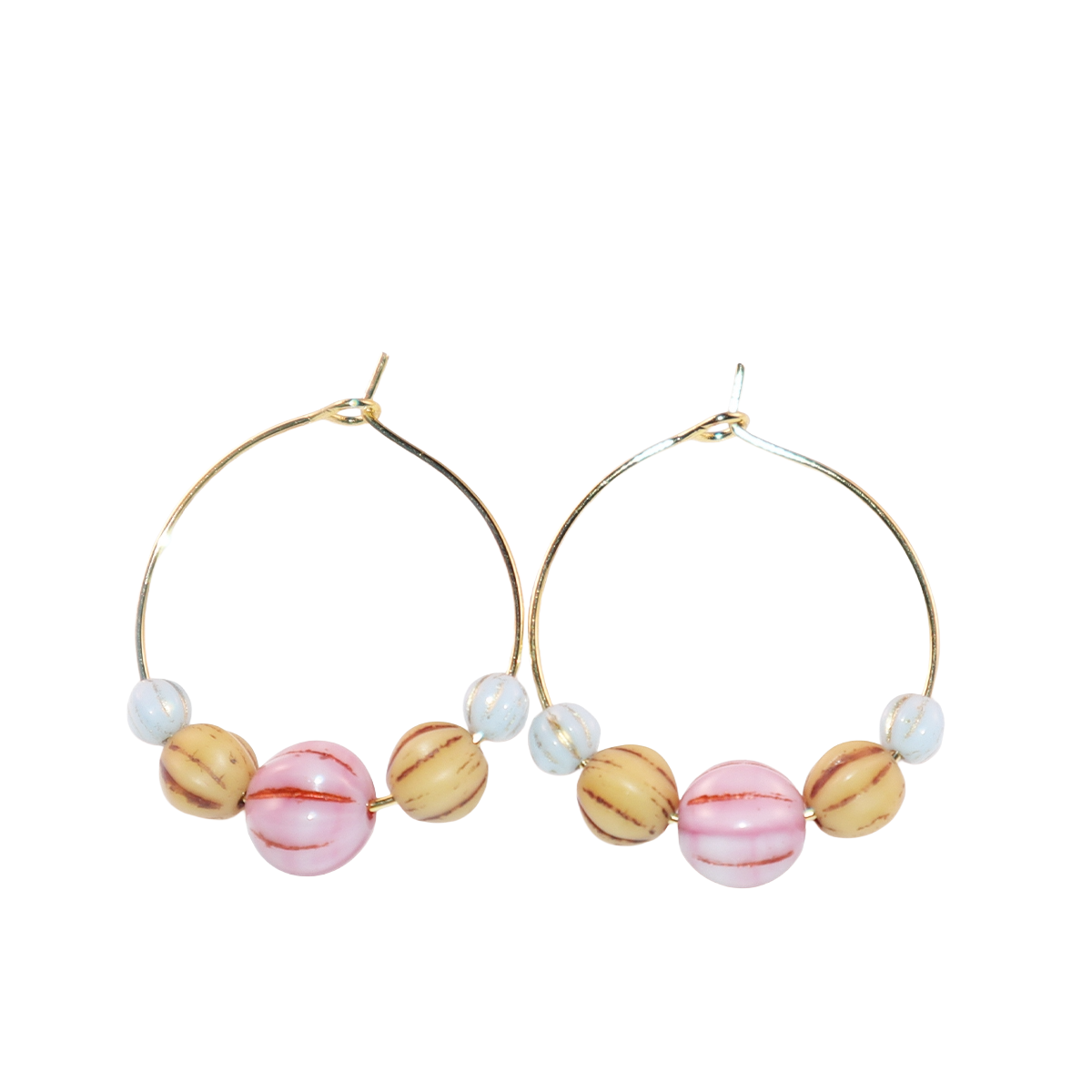 Pink Bead Hoop Earrings – Light Blue and Brown Beads