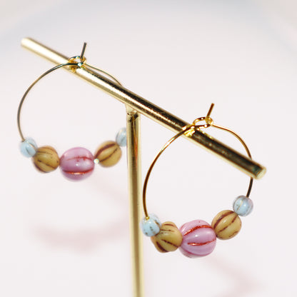 Pink Bead Hoop Earrings – Light Blue and Brown Beads