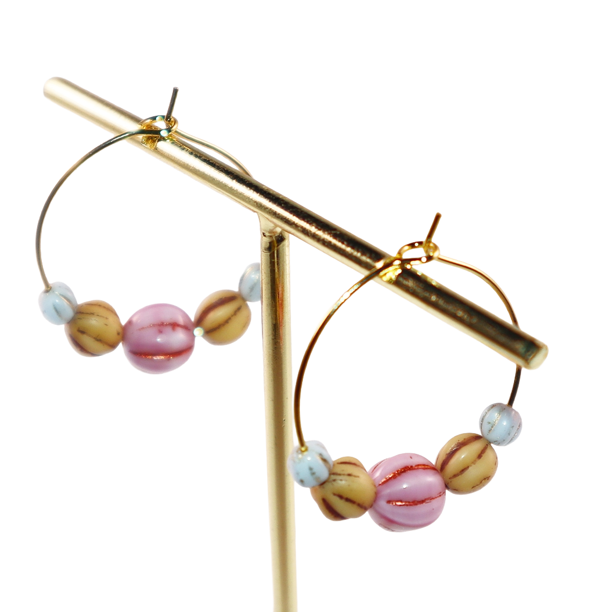 Pink Bead Hoop Earrings – Light Blue and Brown Beads
