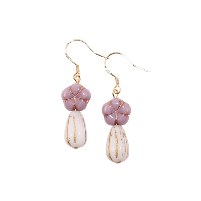 Purple Beaded Earrings – Purple Floral and White Glass Beads