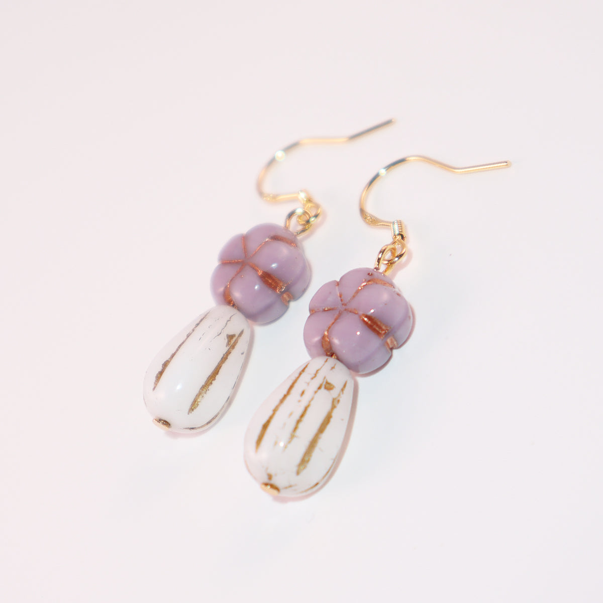 Purple Beaded Earrings – Purple Floral and White Glass Beads