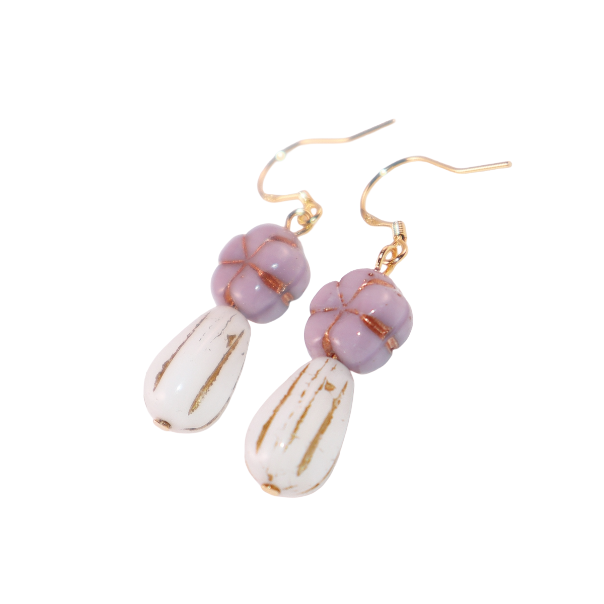 Purple Beaded Earrings – Purple Floral and White Glass Beads