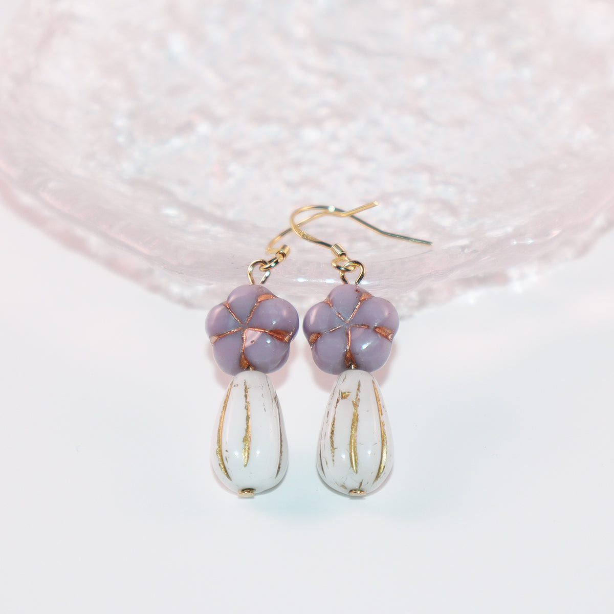 Purple Beaded Earrings – Purple Floral and White Glass Beads