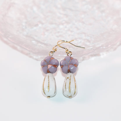 Purple Beaded Earrings – Purple Floral and White Glass Beads
