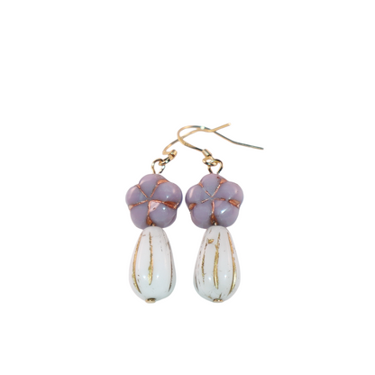 Purple Beaded Earrings – Purple Floral and White Glass Beads
