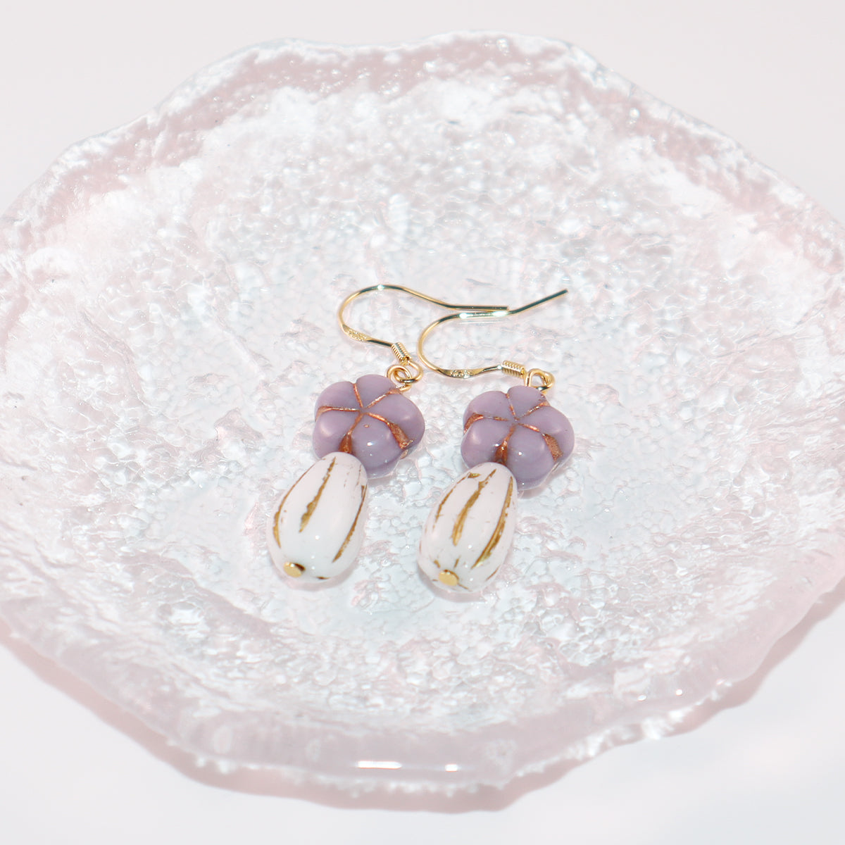 Purple Beaded Earrings – Purple Floral and White Glass Beads