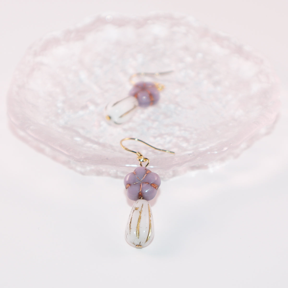 Purple Beaded Earrings – Purple Floral and White Glass Beads