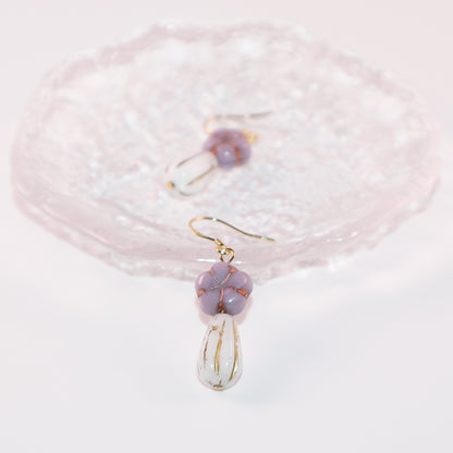 Purple Beaded Earrings – Purple Floral and White Glass Beads