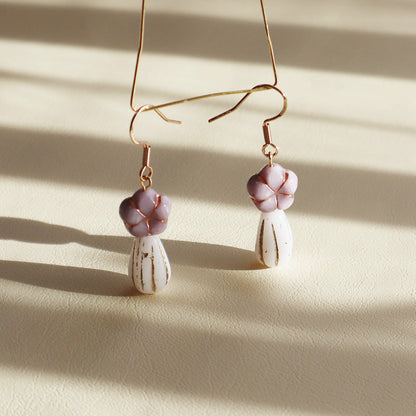 Purple Beaded Earrings – Purple Floral and White Glass Beads